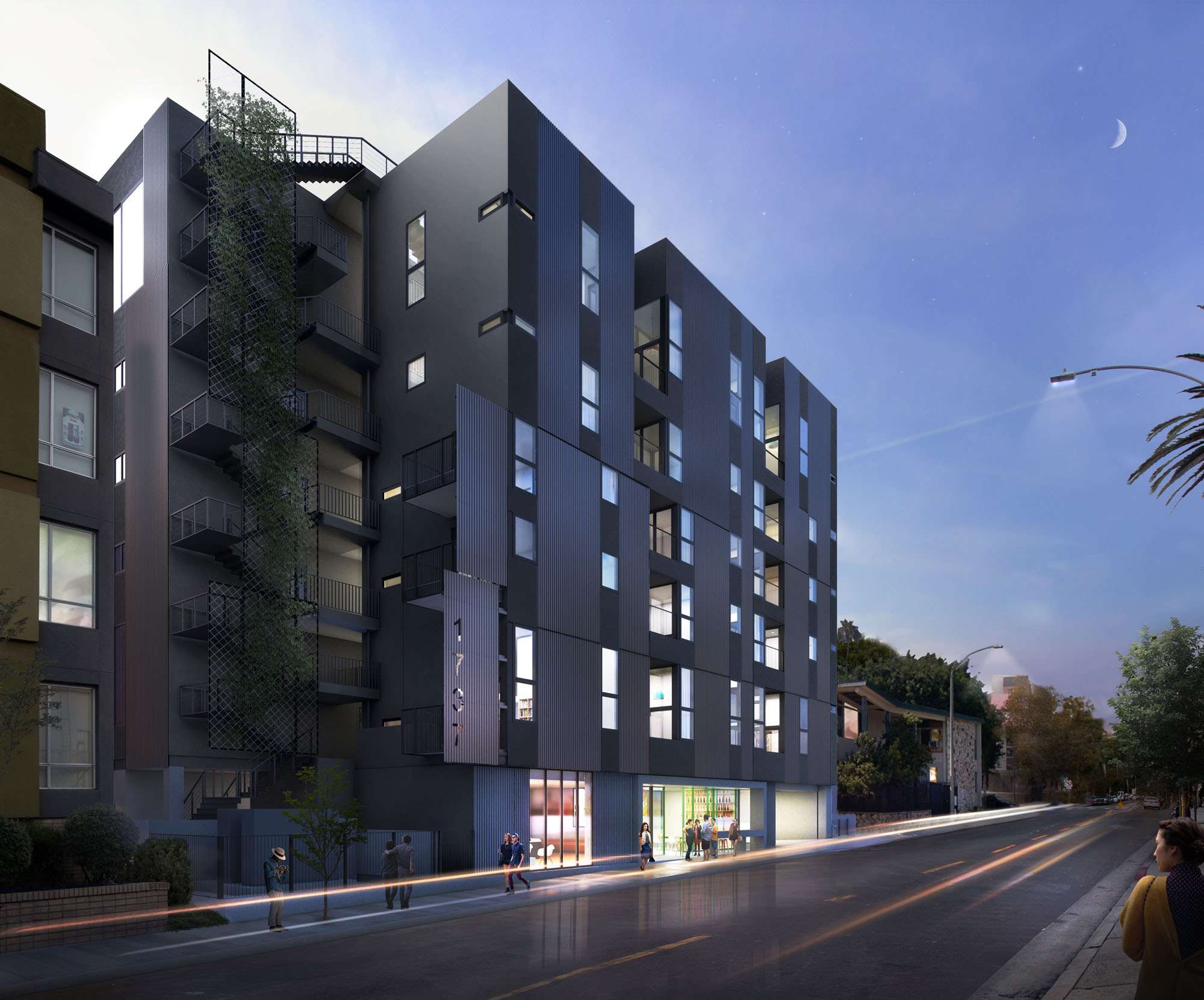 The-Line-Lofts-Apartments-Dark-Gray-Building-Exterior - The Line Lofts