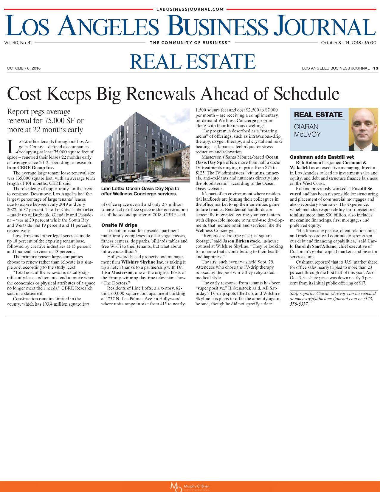 Los Angeles Business Journal October 8 2018 The Line Lofts